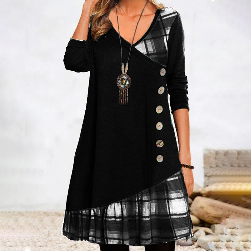 Women's Checkered Long Sleeve Button Dress | Midi