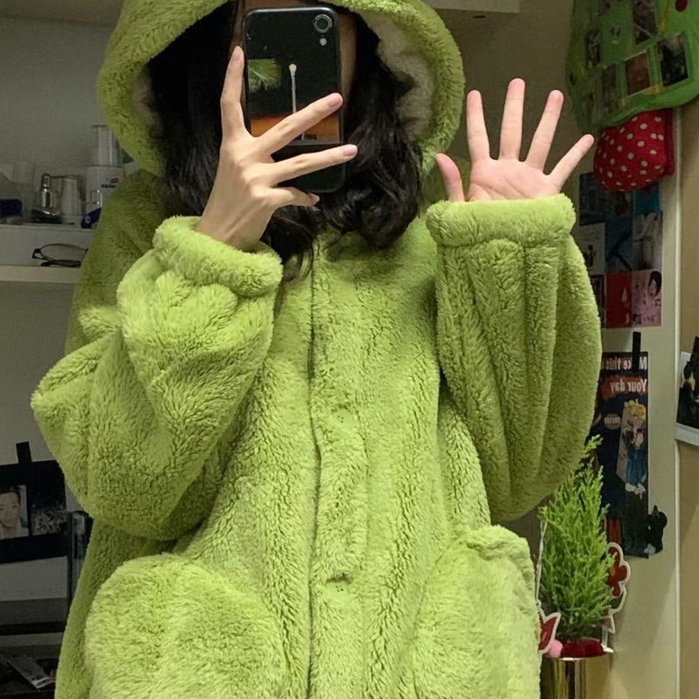 Green Fleece Hooded Dressing Gown with Pockets for Women - Anna
