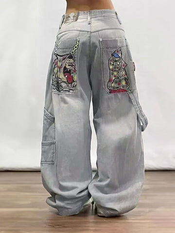 Women's Gray Y2K Hip Hop Boyfriend Jeans