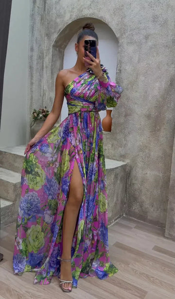 Women's One-Shoulder High Slit Floral Summer Dress | Maxi