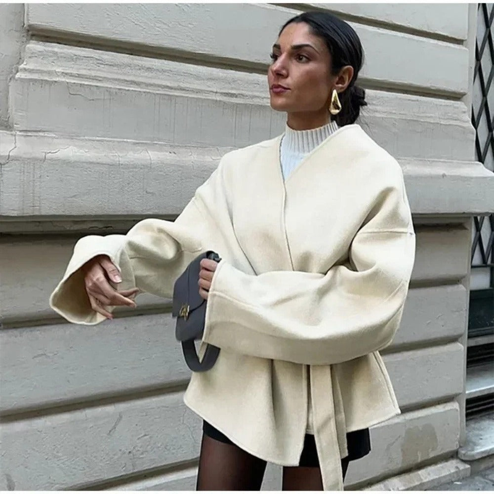 Beige Wrap Belted Coat with Long Sleeves for Women - Iride