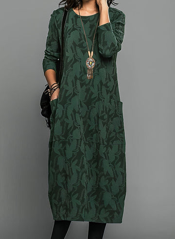 Women's Floral Round Neck Midi Dress | with Long Sleeves