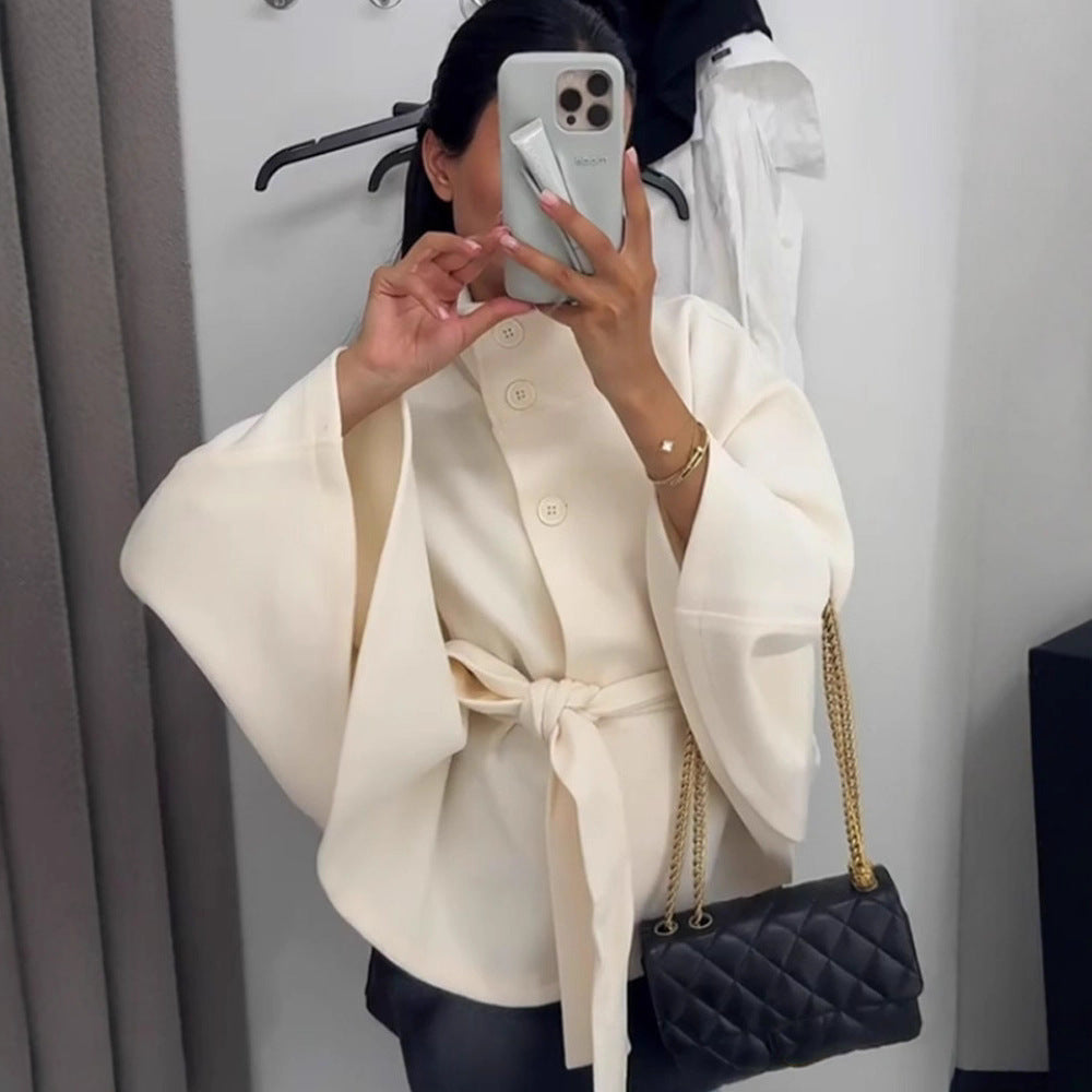 Belted High Neck Cape Coat for Women - Ines
