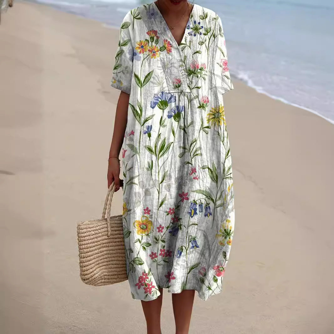 Women's Floral Pattern V-Neck Summer Dress | Midi