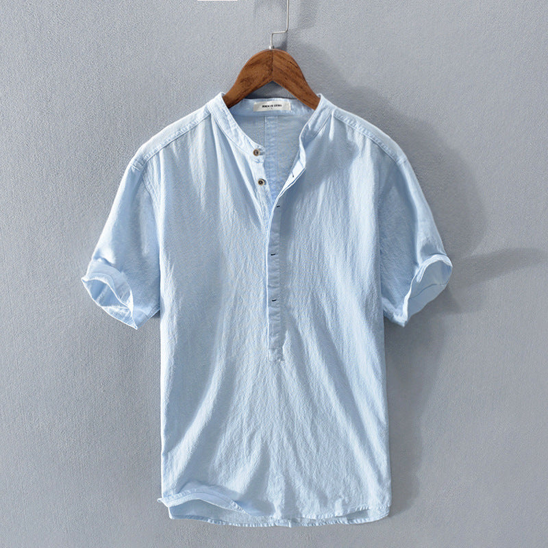 Men's Mandarin Collar Linen Shirt | Short Sleeve