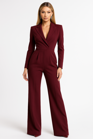 Women's Formal Lapel Wide Leg Jumpsuit | Long Sleeve