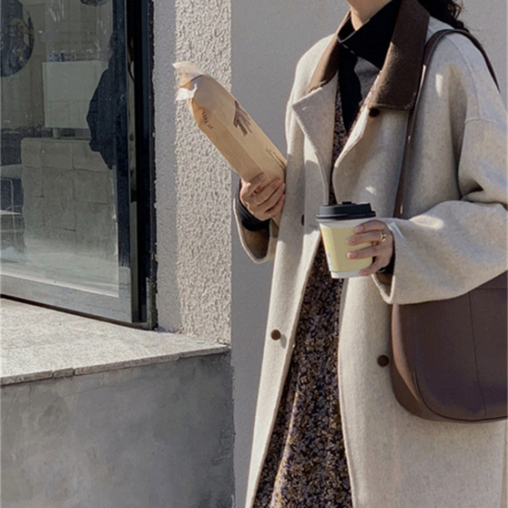 Beige Wool Blend Long Coat with Brown Collar for Women - Ambra